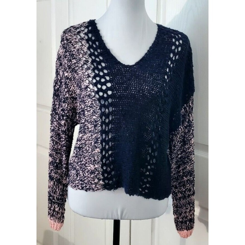 Luv Lane Women’s Blue Pink Colorblock Sweater Long Sleeve Crop Knit Top Sz S EUC